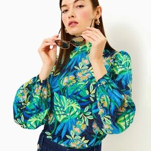 Lilly Pulitzer Witaker Silk Mock Neck Tie Back Long Sleeve Top: Multi Floral: XS